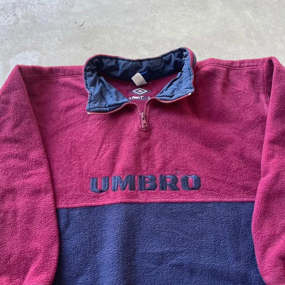 Vintage Umbro Quarter Zip Fleece Pullover Colorblock Burgundy Navy XL Mens